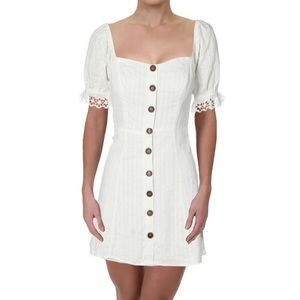 Aqua White Button-Front Puff Sleeve Mini Dress
